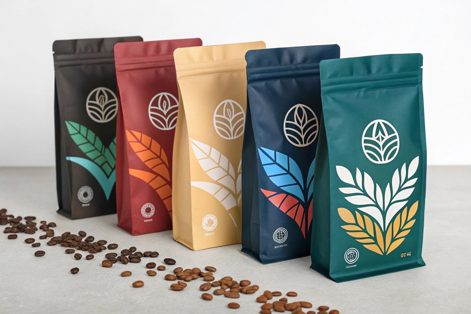 Custom coffee packaging bags, colorful stand-up pouches