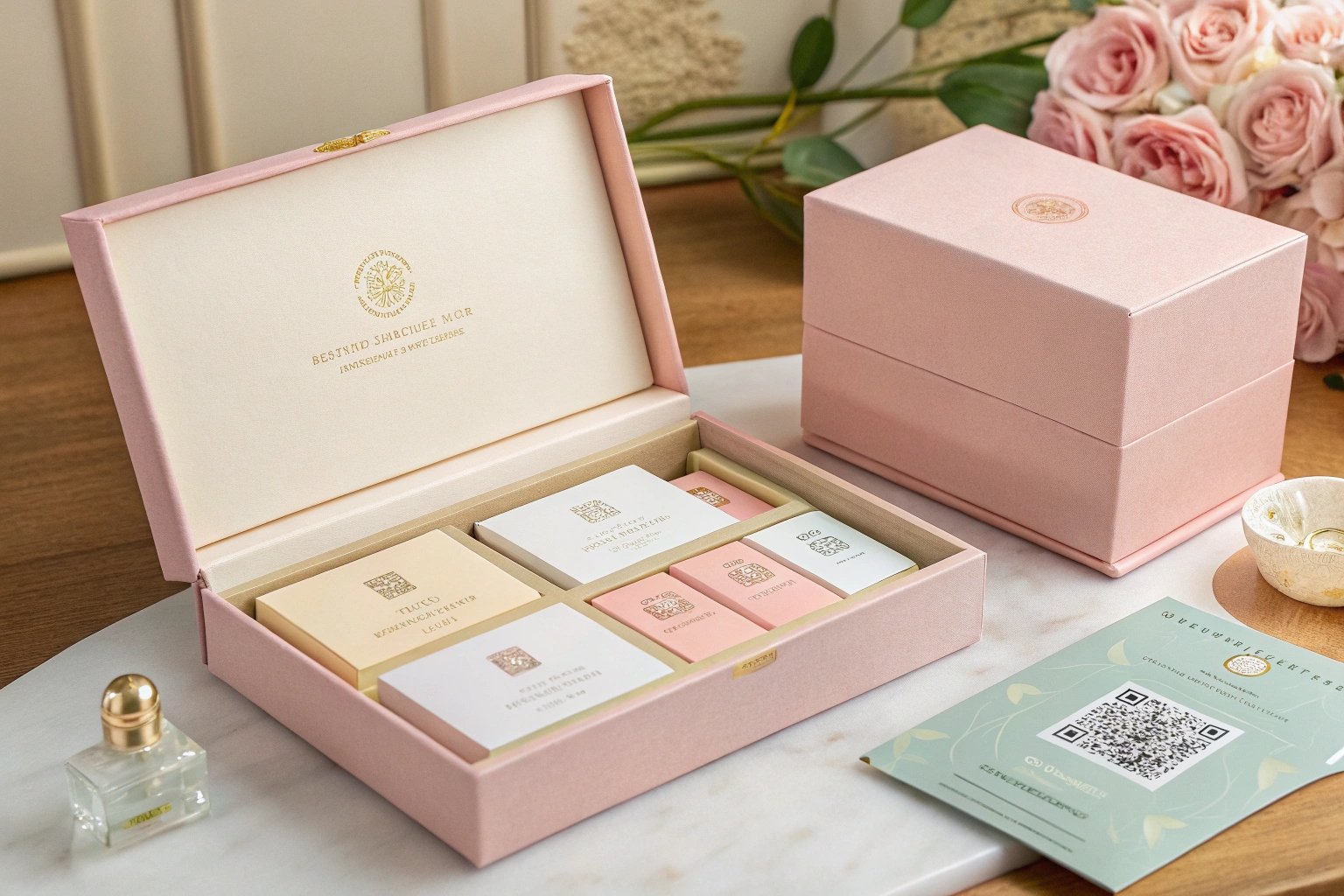 Luxury pink gift box set, elegant skincare packaging