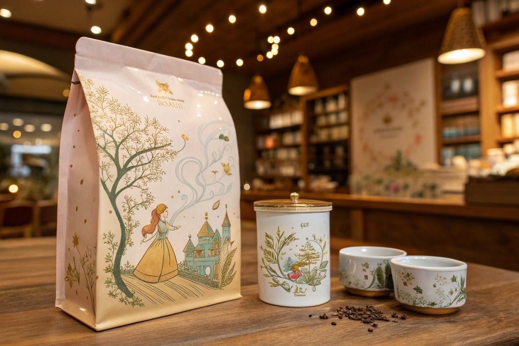 Elegant tea packaging with fairytale illustration