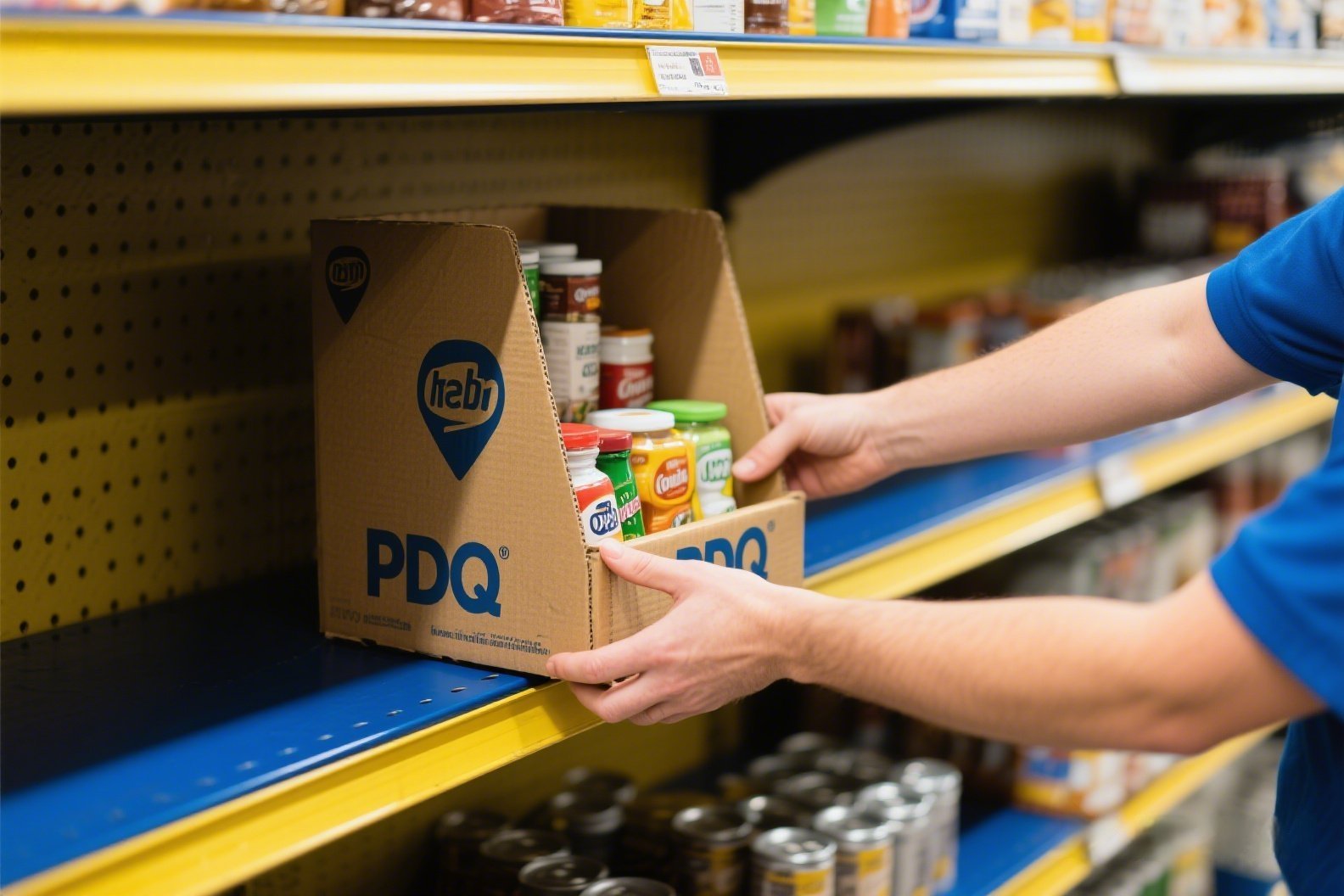 Person placing custom branded cardboard PDQ shelf display box by Finer Packaging.