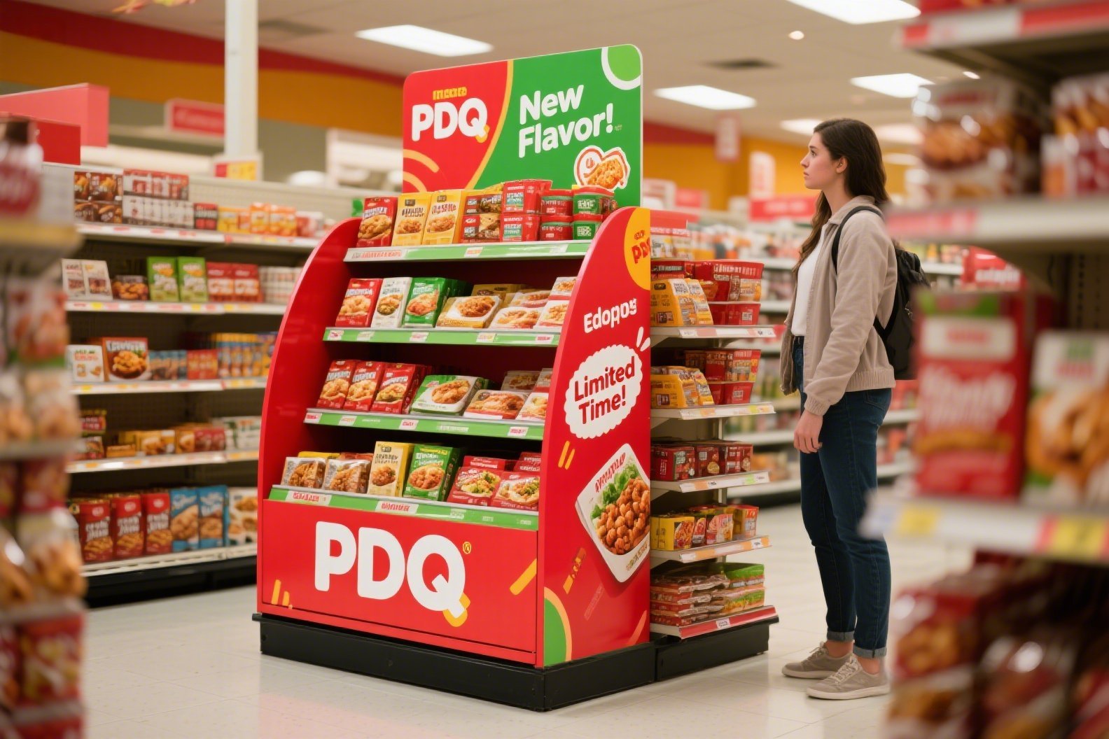 Shopper viewing custom PDQ cardboard floor display stand for food in supermarket aisle.