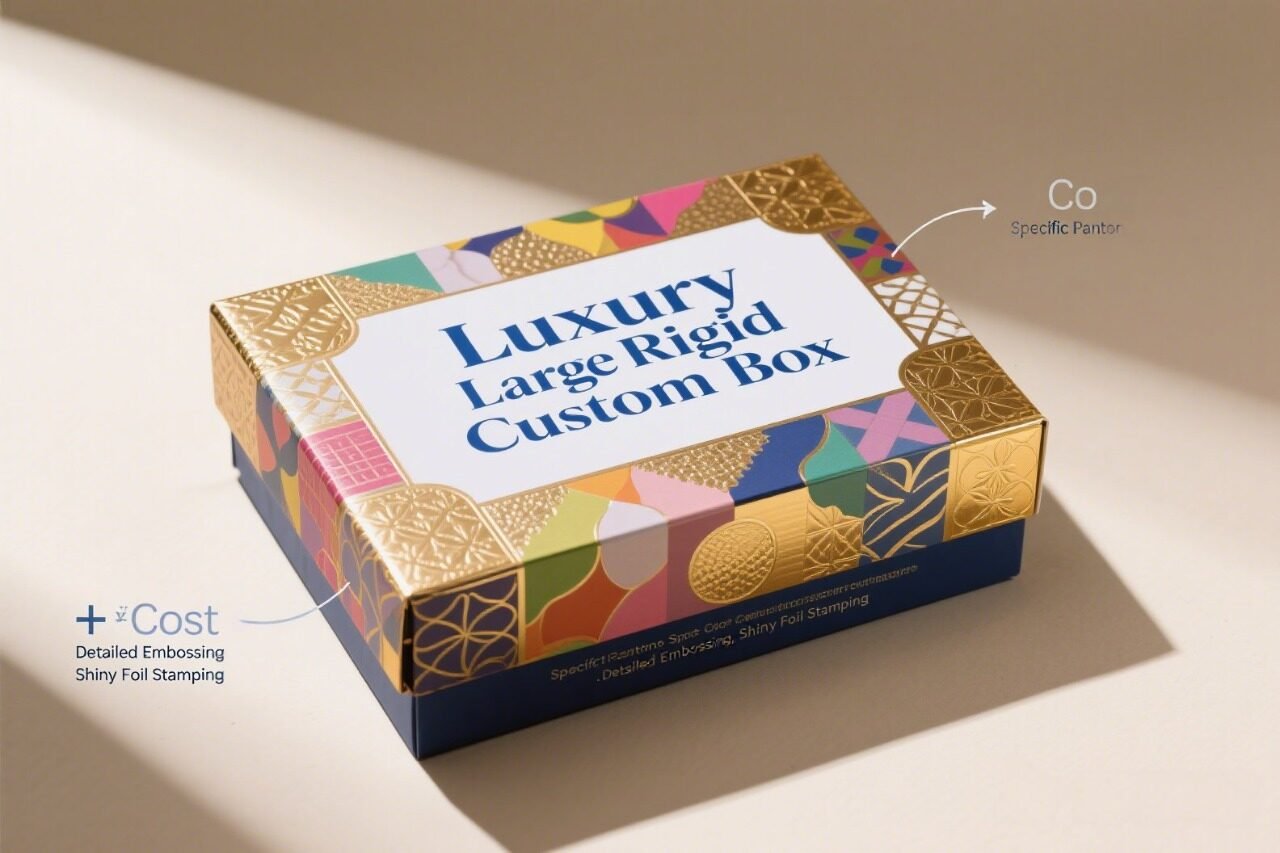 Luxury large rigid custom box by Finer Packaging with intricate gold foil and embossing.