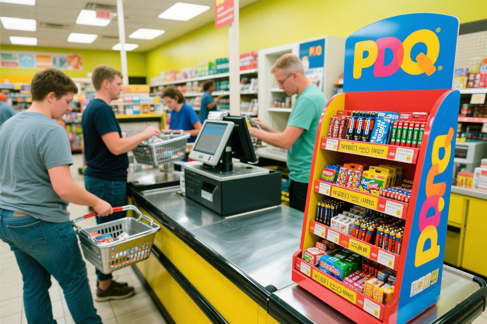 Custom retail PDQ cardboard display stand at checkout by Finer Packaging factory.