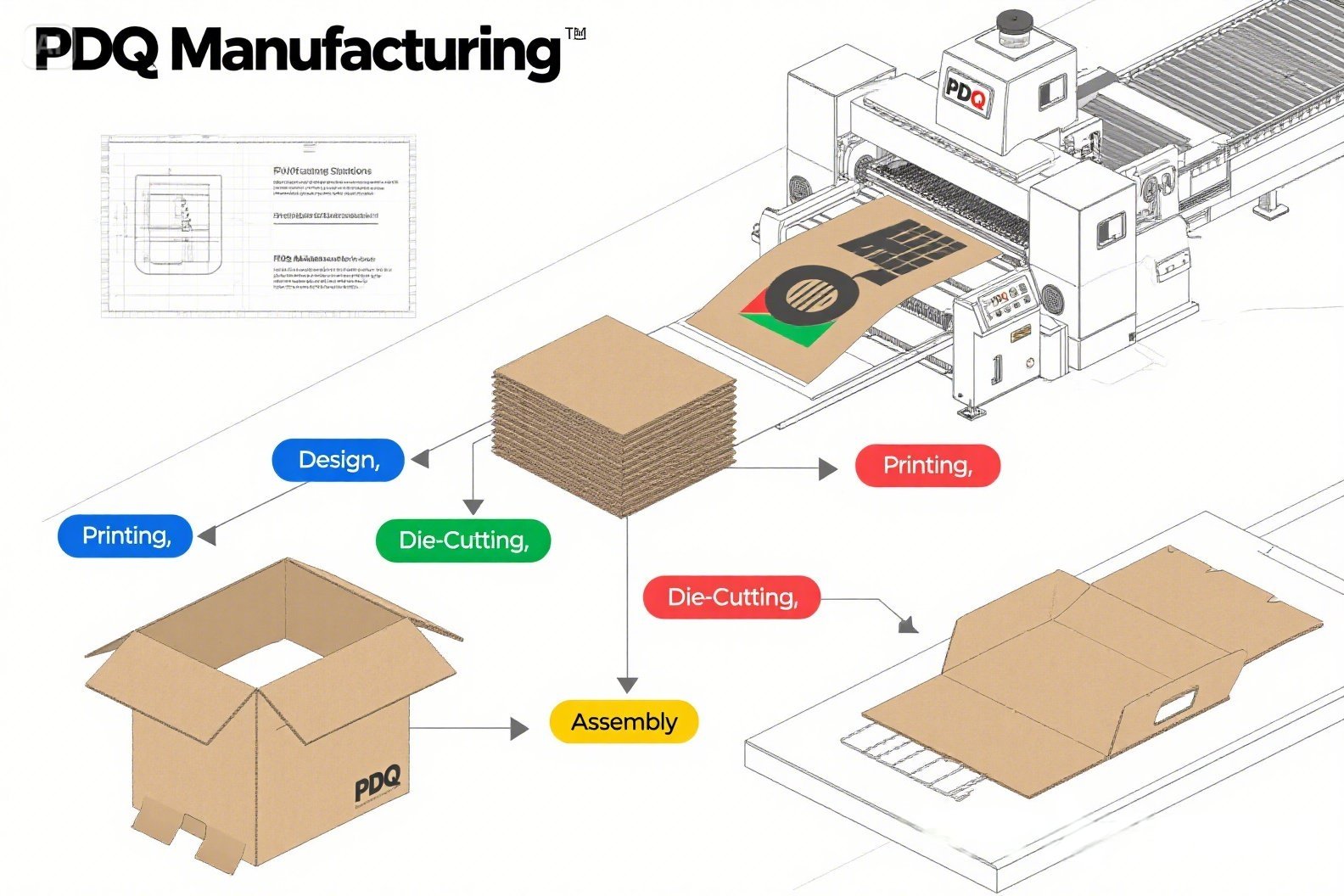 Diagram of Finer Packaging's custom PDQ cardboard display manufacturing process: design, printing, die-cutting, assembly.