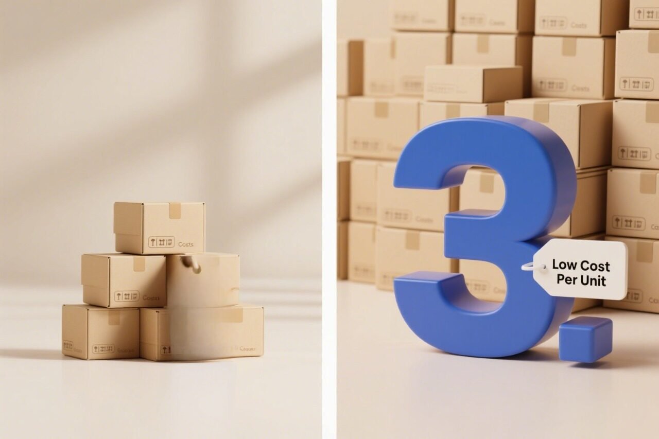Finer Packaging illustrates cost savings per unit when ordering wholesale packaging in bulk.