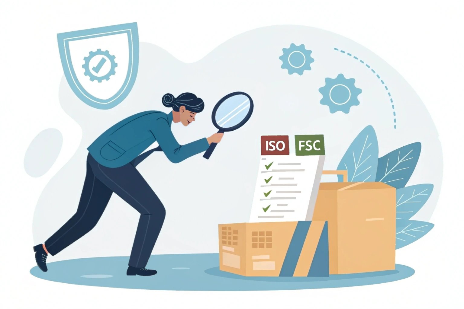 Person verifying ISO and FSC certifications for Finer Packaging quality assurance process.