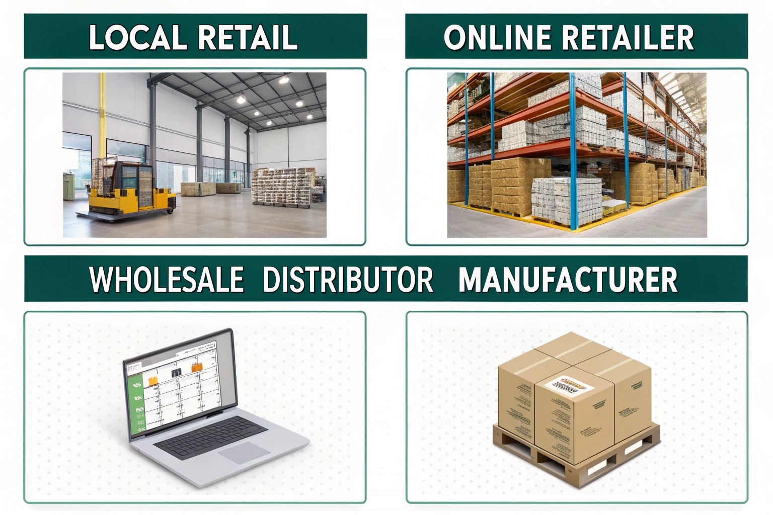 Comparing packaging business models: Retail, Online Retailer, Wholesale Distributor, and Manufacturer.
