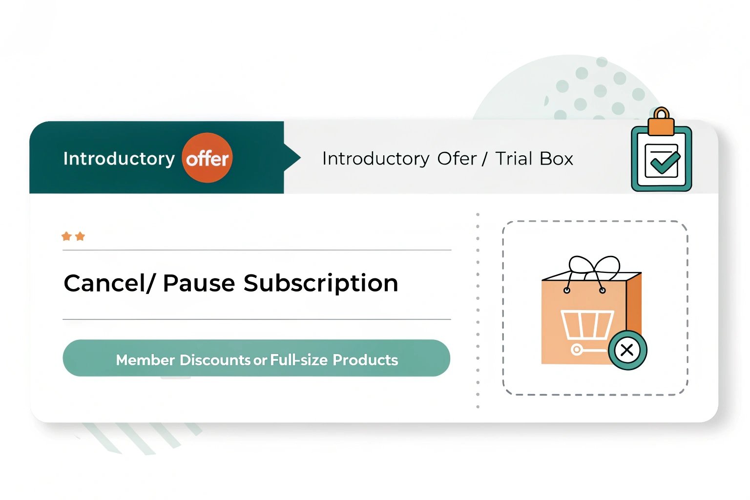 Subscription box model: Introductory offer, trial box, cancellation options, and member discounts.
