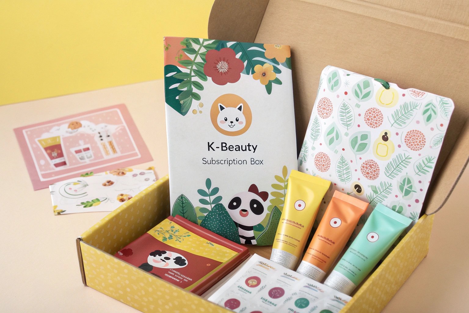K-Beauty subscription box custom printed by Finer Packaging, filled with cosmetic products.