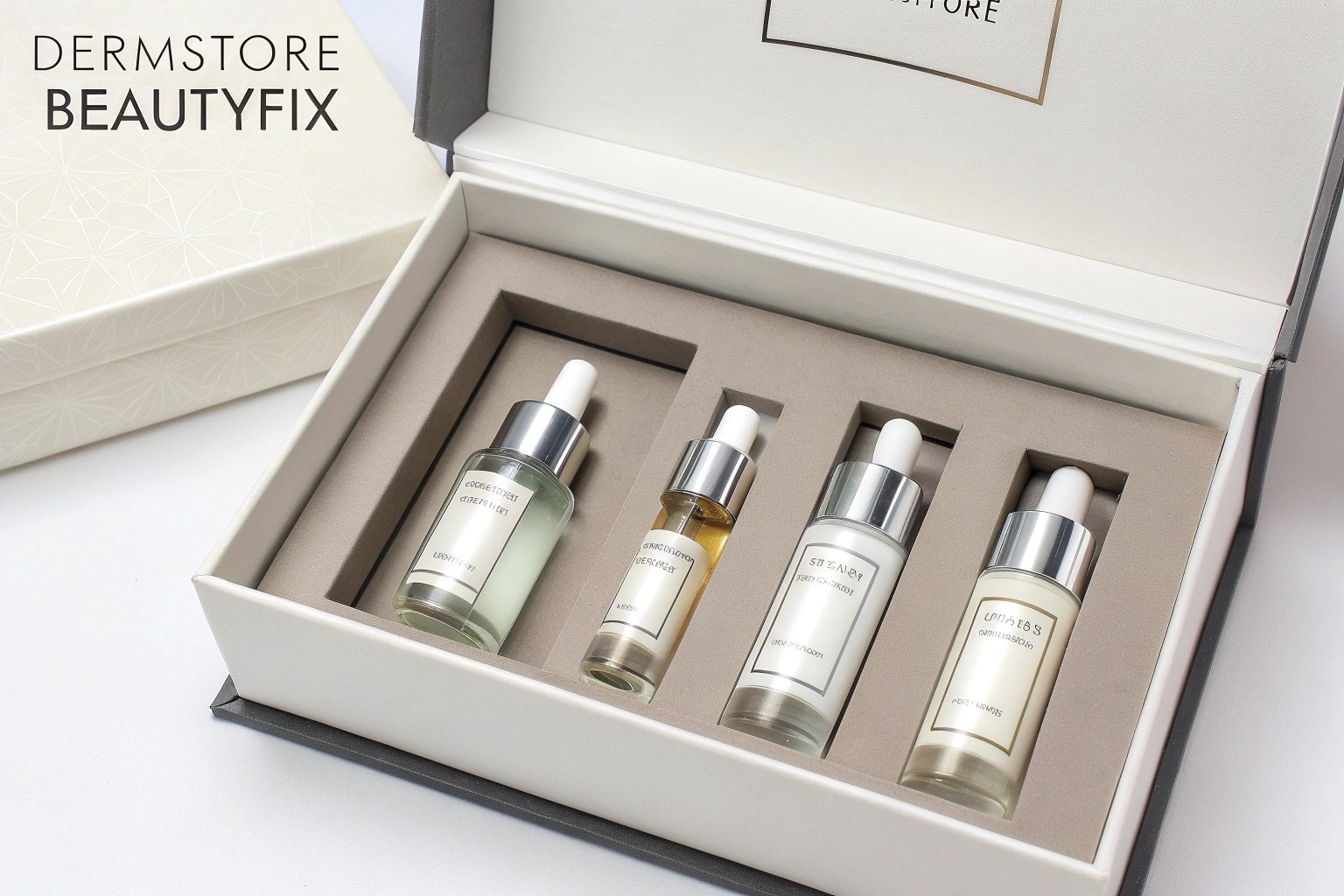 Finer Packaging luxury rigid box for Dermstore Beautyfix cosmetic serum gift set with insert.