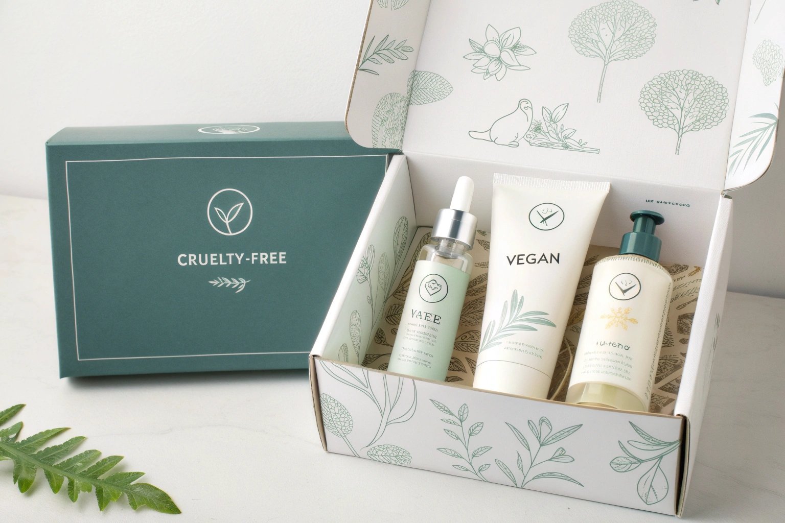 Custom cruelty-free cosmetic packaging box with inside printing by Finer Packaging.