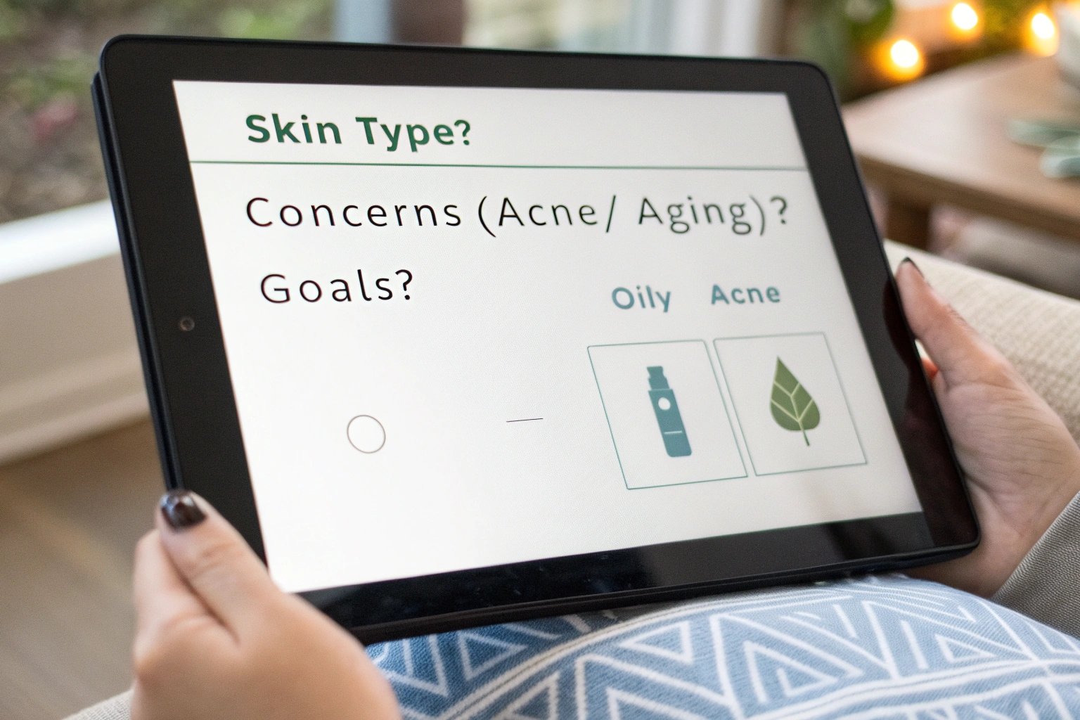 Tablet quiz for understanding customer skin type and concerns for cosmetic packaging needs.