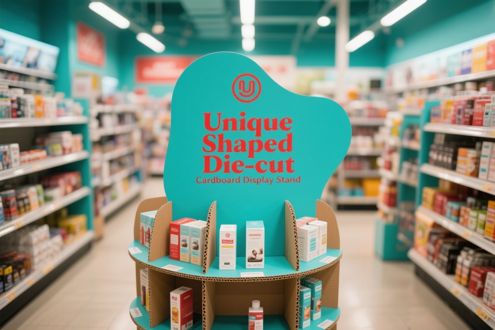 Unique shaped die-cut cardboard display stand in retail aisle by Finer Packaging factory.