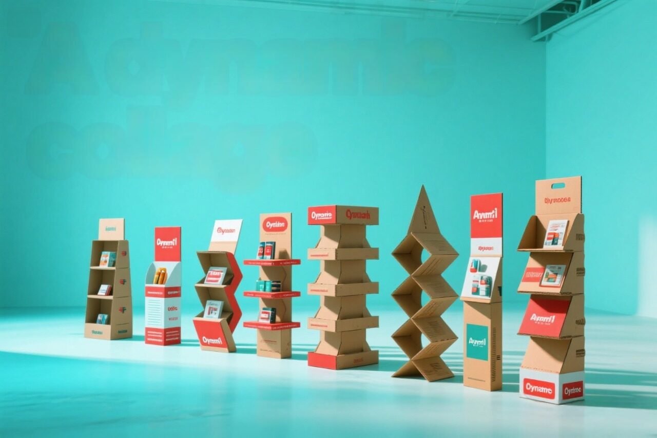 Assortment of custom cardboard point-of-purchase (POP) display stands from Finer Packaging factory.