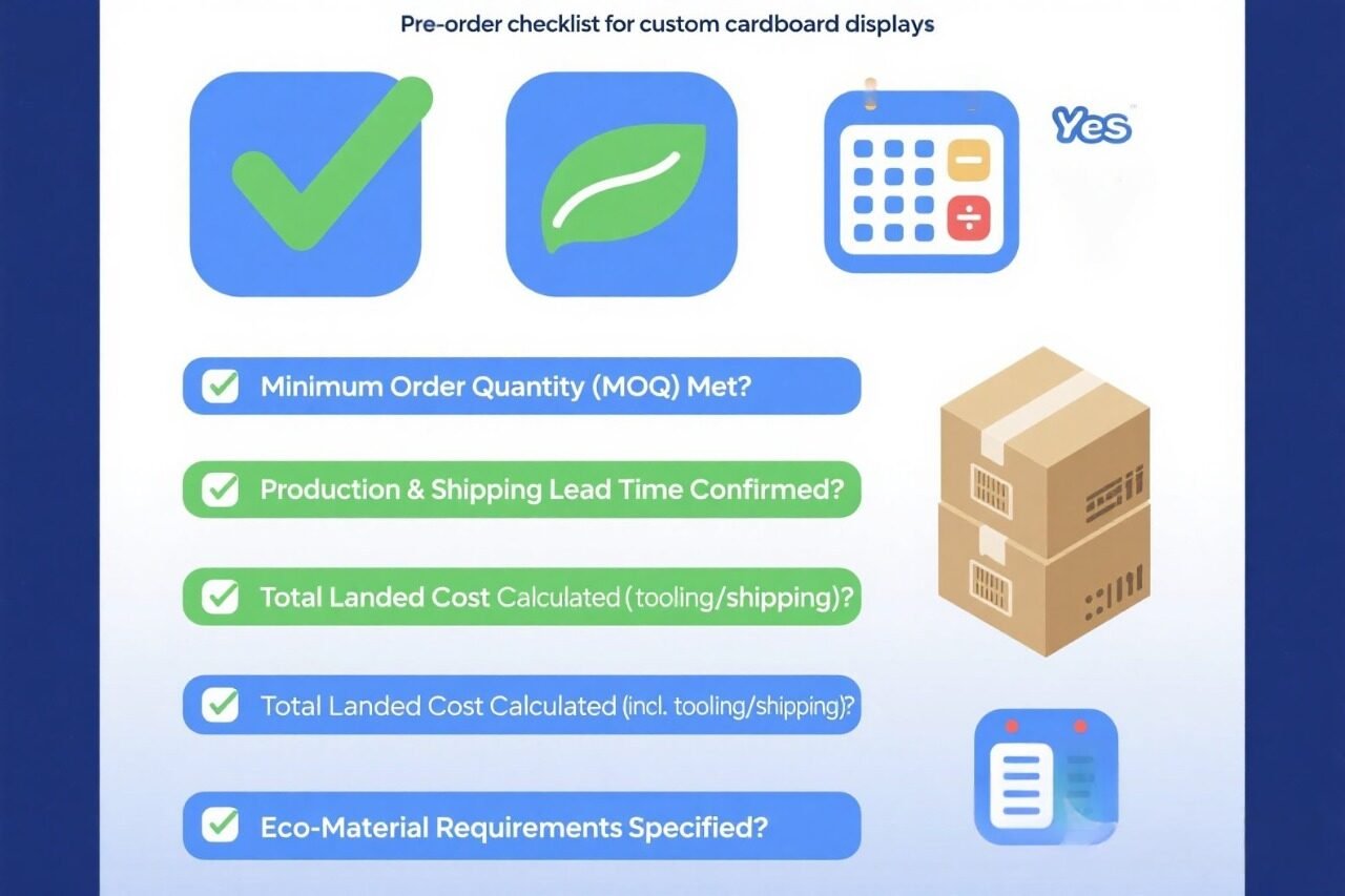 Pre-order checklist for custom cardboard displays: MOQ, lead time, landed cost, eco-materials specified.