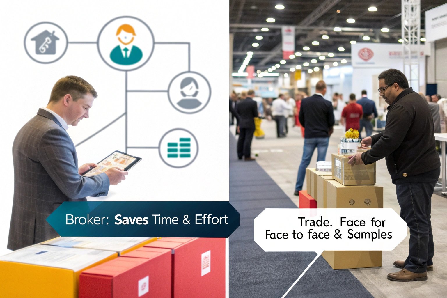 Comparing packaging sourcing via broker vs face-to-face interaction and samples at trade shows.