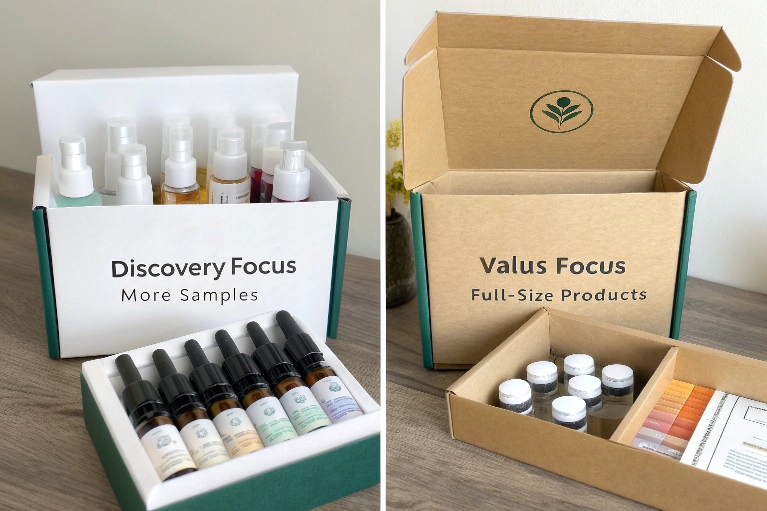 Side-by-side comparison of custom cosmetic sample kit and full-size product packaging.