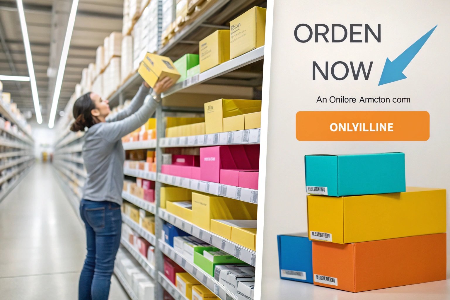 Woman managing stock boxes in online retailer warehouse vs ordering online.