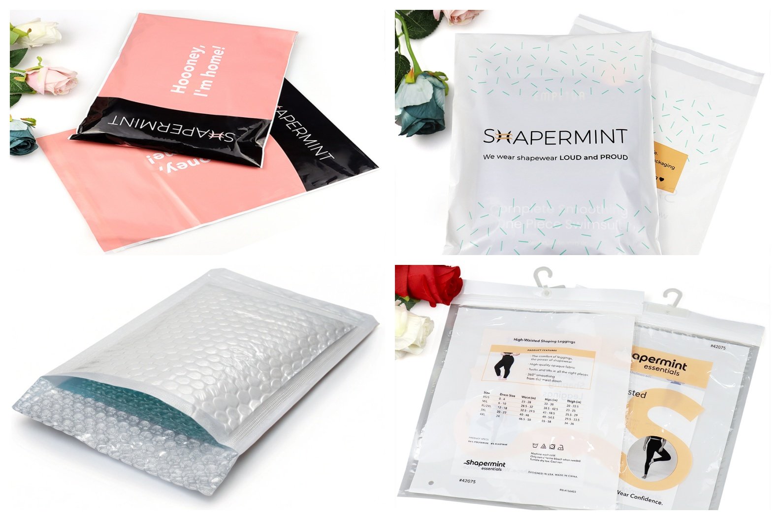 Various types of poly mailers: standard, bubble, expansion, custom printed