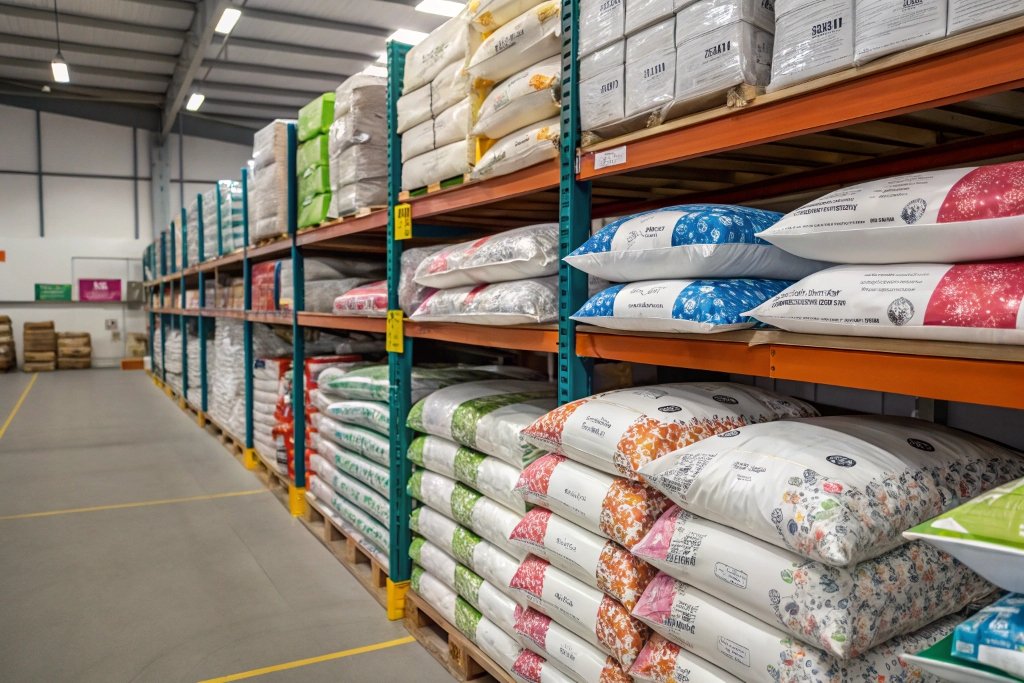 Warehouse shelves stacked efficiently with poly mailers
