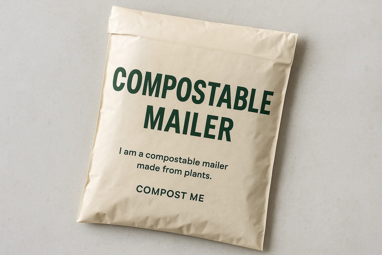 Compostable mailer bag with plant-based material, showcasing Finer-packaging's eco-friendly and sustainable packaging solutions.
