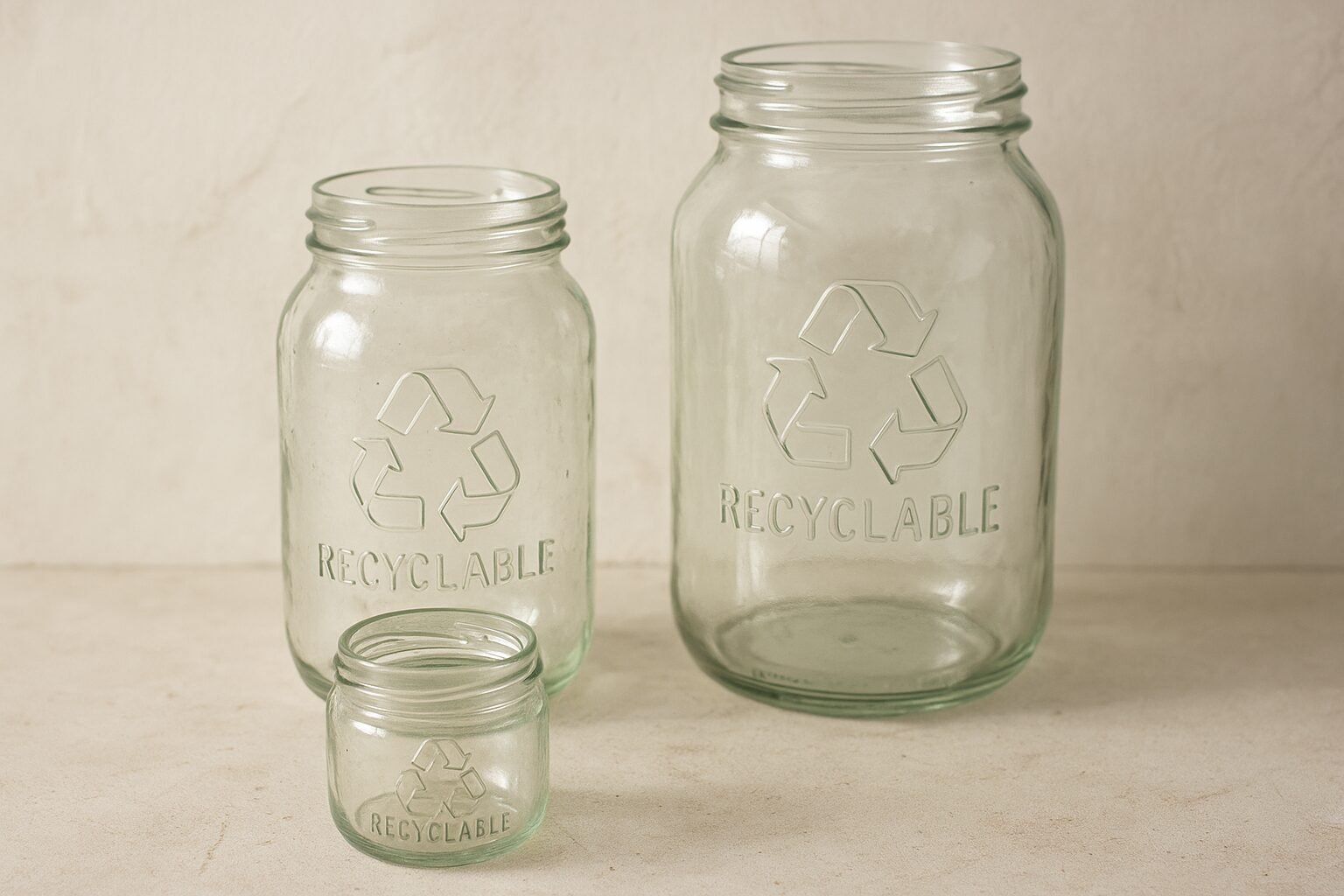 Recyclable glass jars with recycling symbol, demonstrating Finer-packaging's focus on reusable packaging solutions.