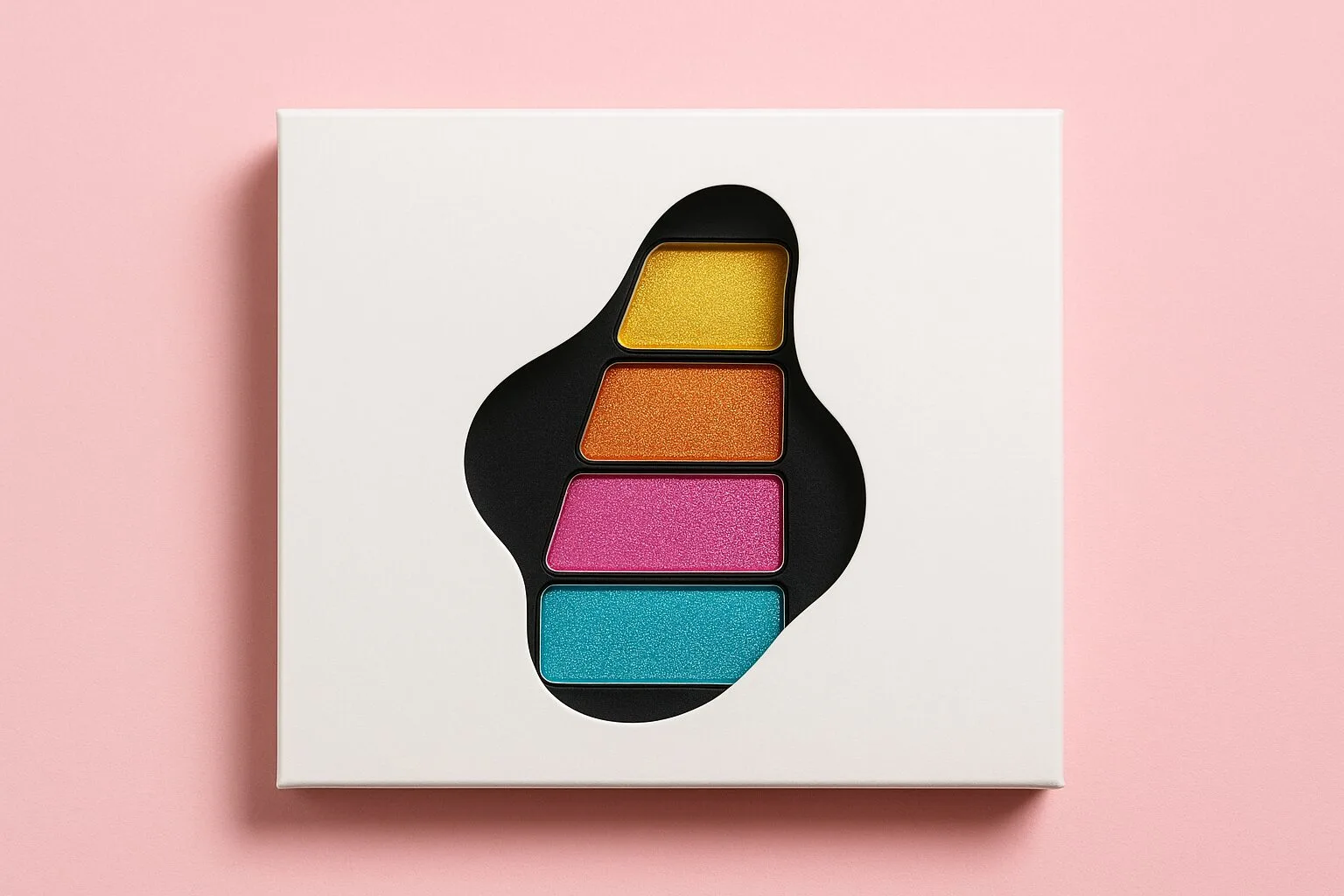 A cosmetic box with a custom-shaped die-cut window showing the colored eyeshadow palette inside
