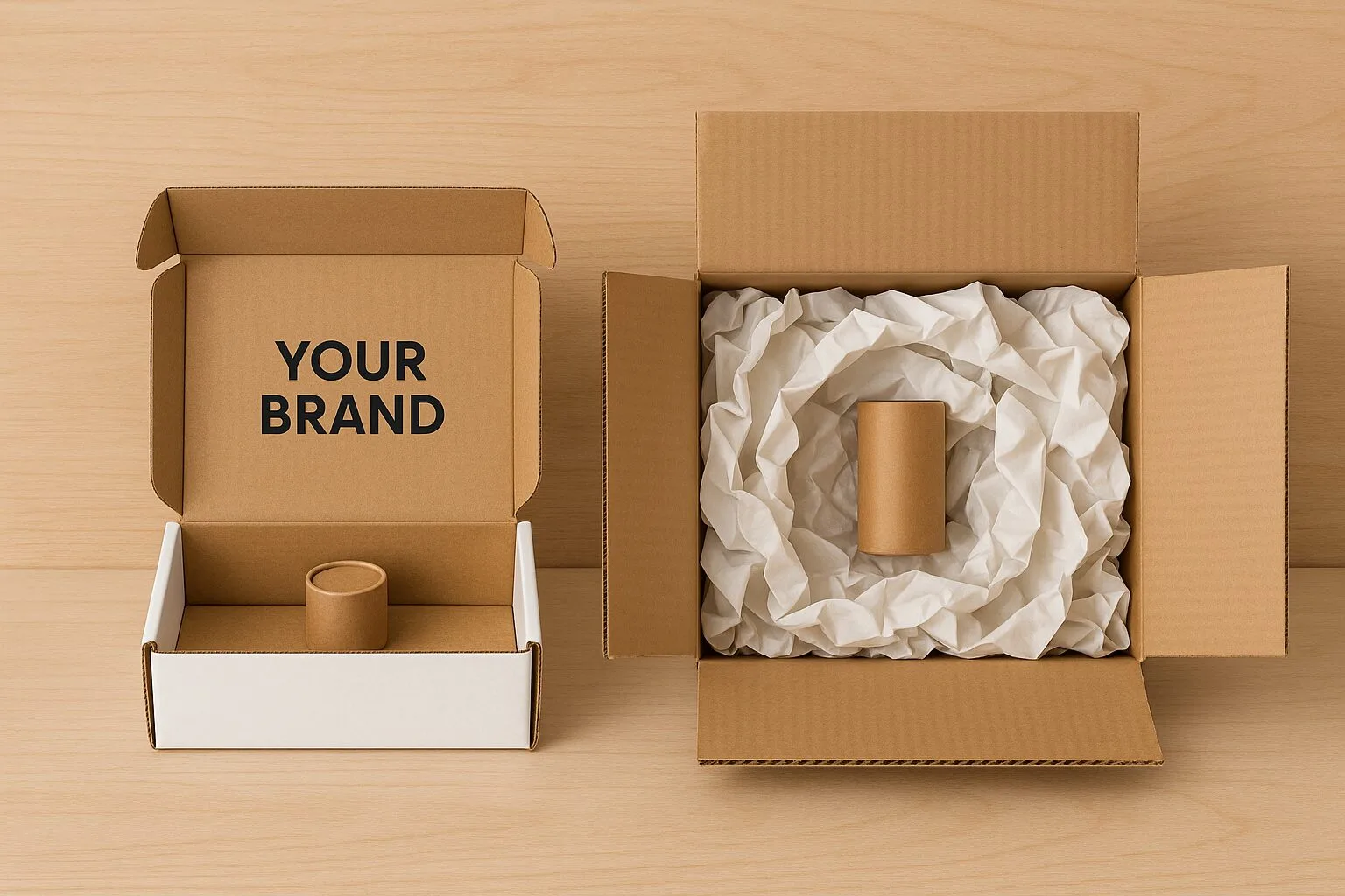 Custom Eco Boxes A perfectly sized custom box next to a large standard box with excessive void fill for the same product