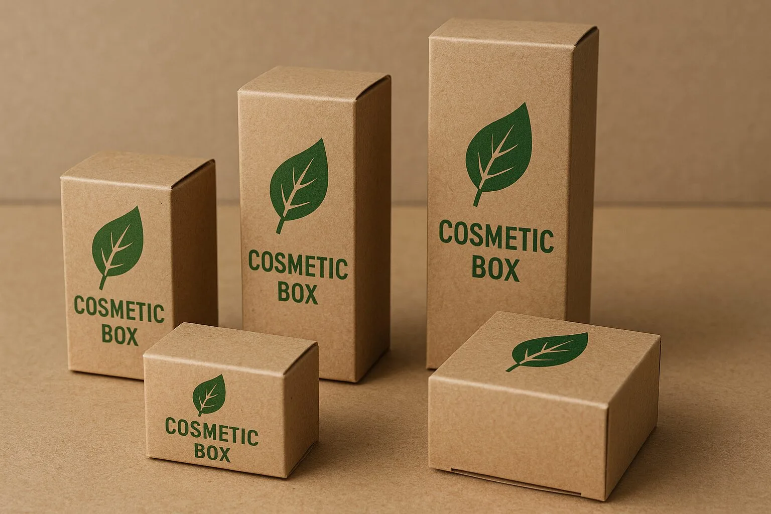 Cosmetic boxes made from recycled kraft paper with a green leaf symbol