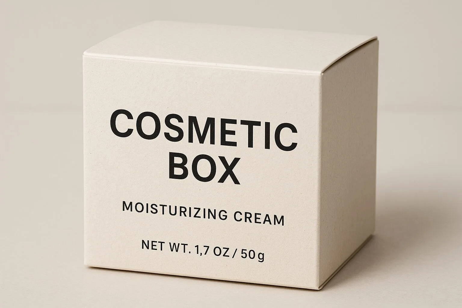 A close-up of a cleanly designed cosmetic box with simple typography