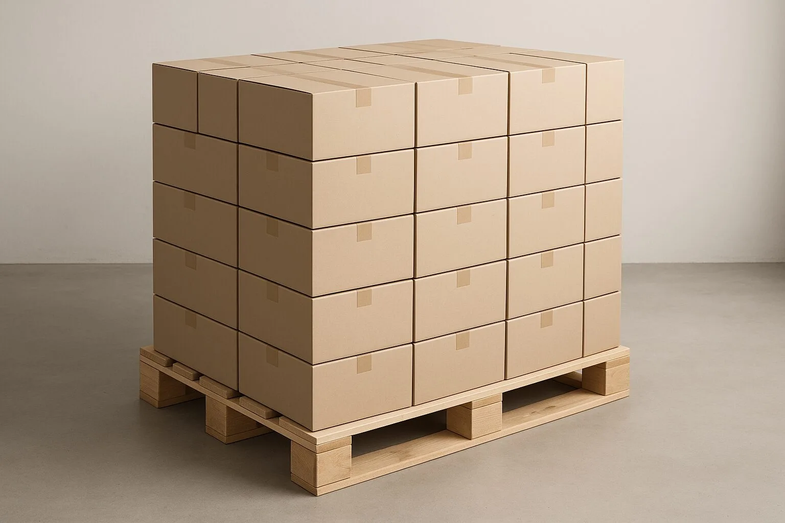 A pallet of standardized minimalist boxes ready for shipping, showing efficiency