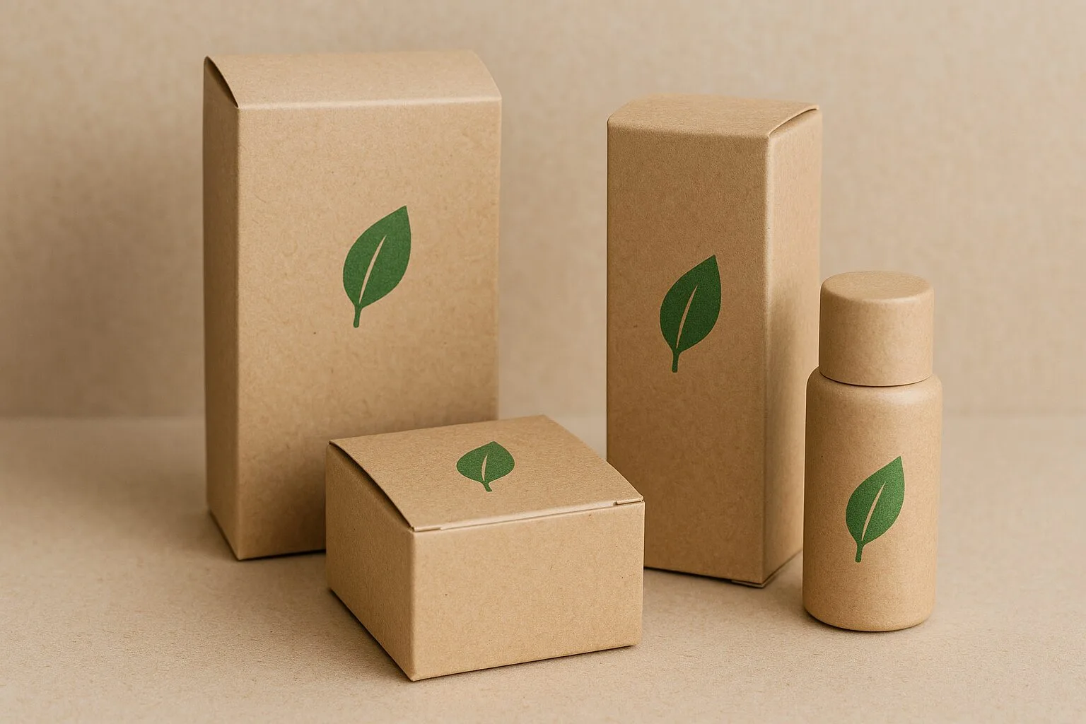 a stack of eco-friendly kraft paper boxes with a green leaf logo