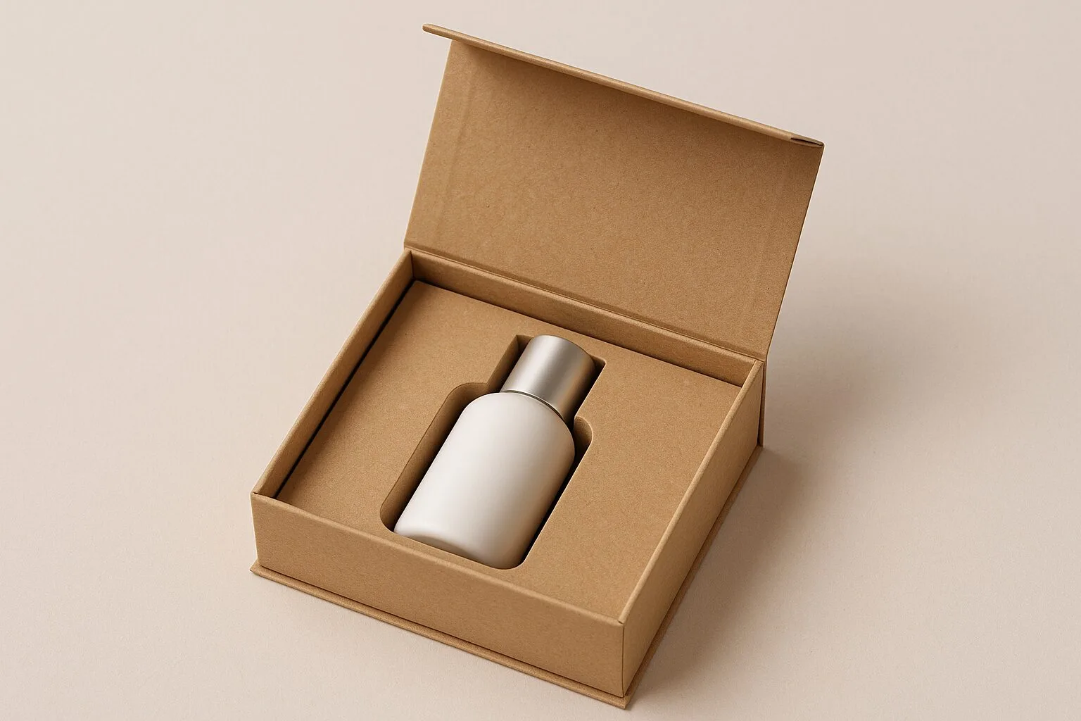 Custom Box with Insert An open cosmetic box showing a product perfectly nested in a custom die-cut insert