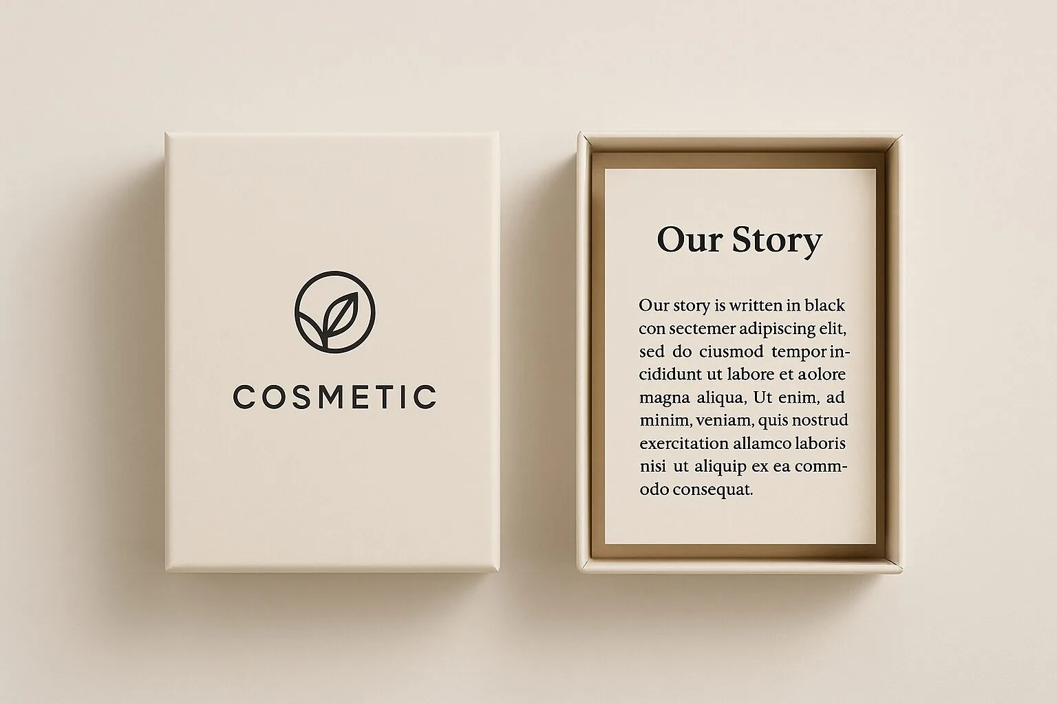 Custom Cosmetic Paper Boxes A minimalist cosmetic box with a simple logo and a small card inside that tells the brand's story