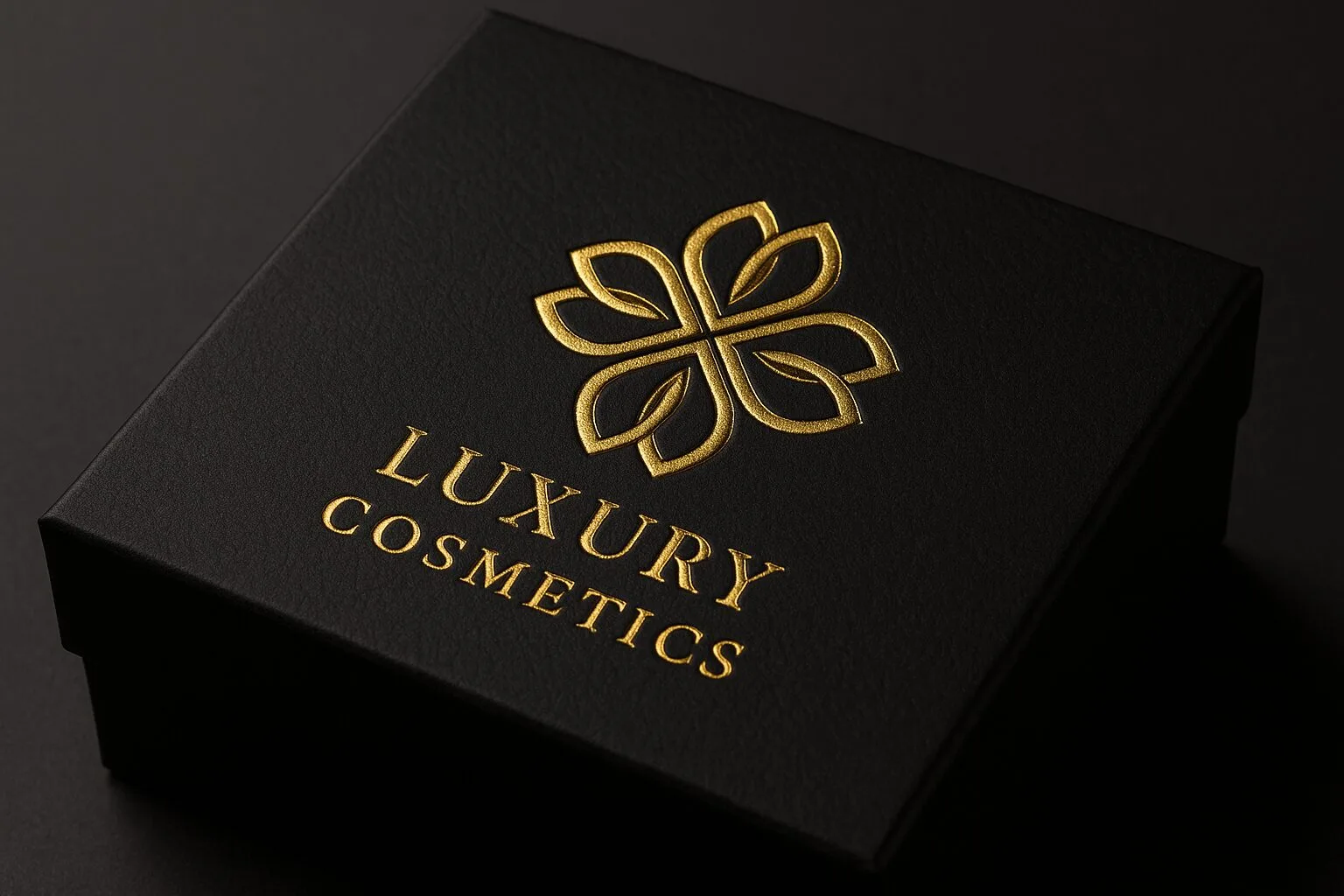 A luxury black cosmetic box with gold foil stamping and embossed logo