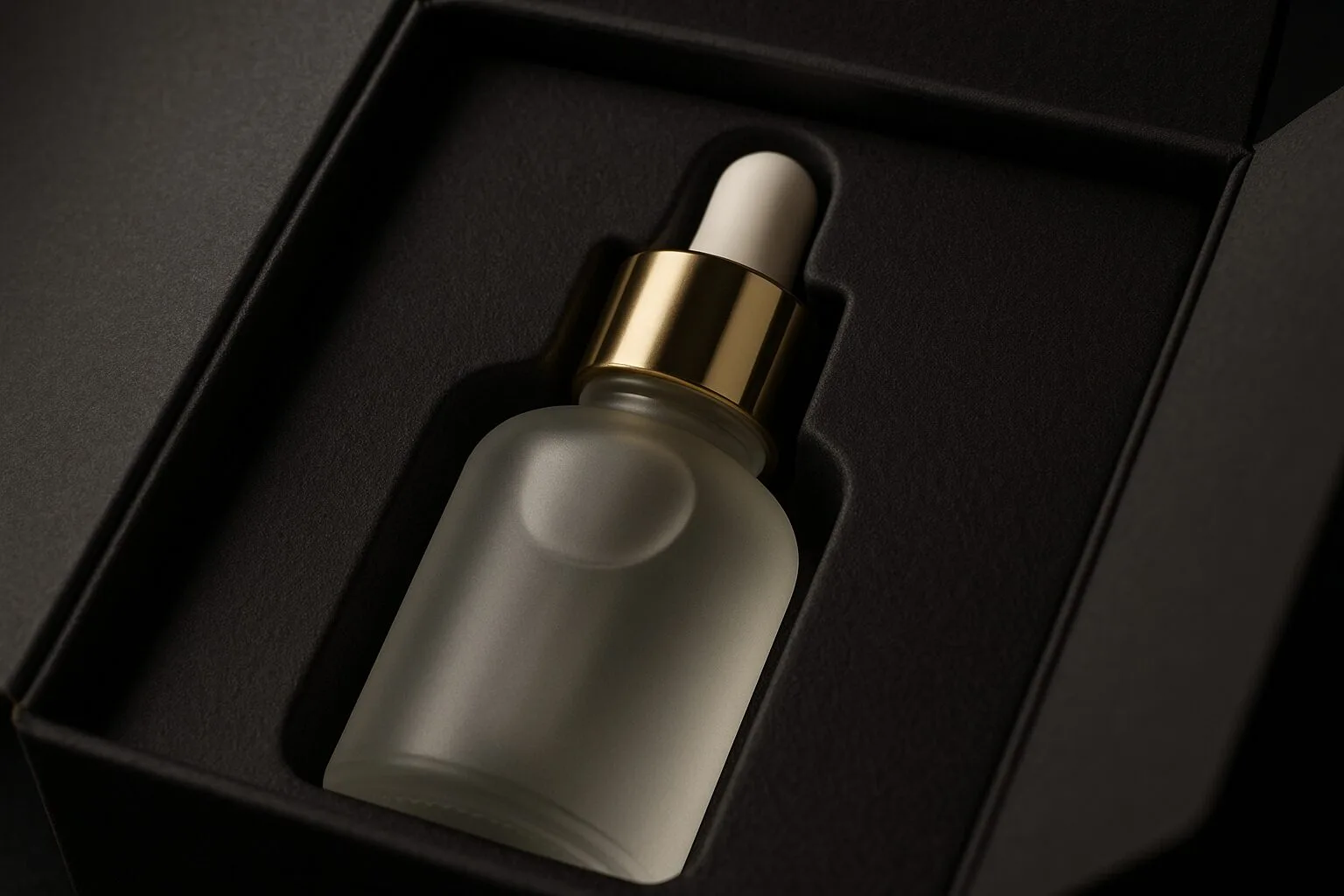 Close-up of a custom die-cut insert holding a cosmetic bottle securely in a box.