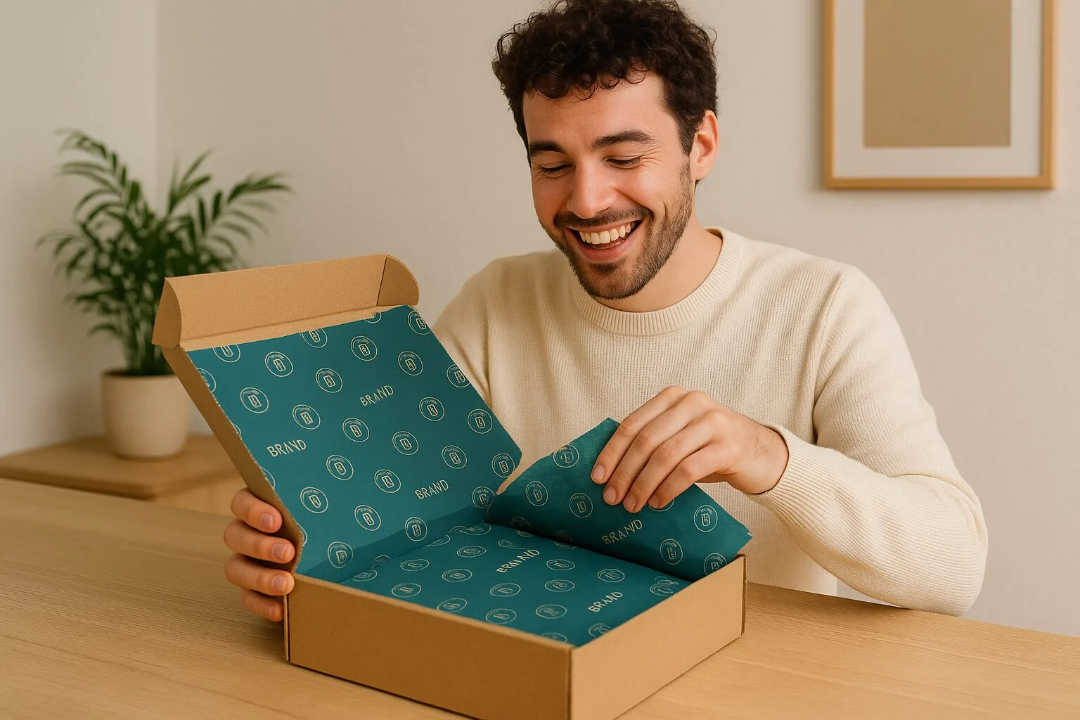 Branded Box Unboxing A person happily unboxing a beautifully designed package with branded tissue paper