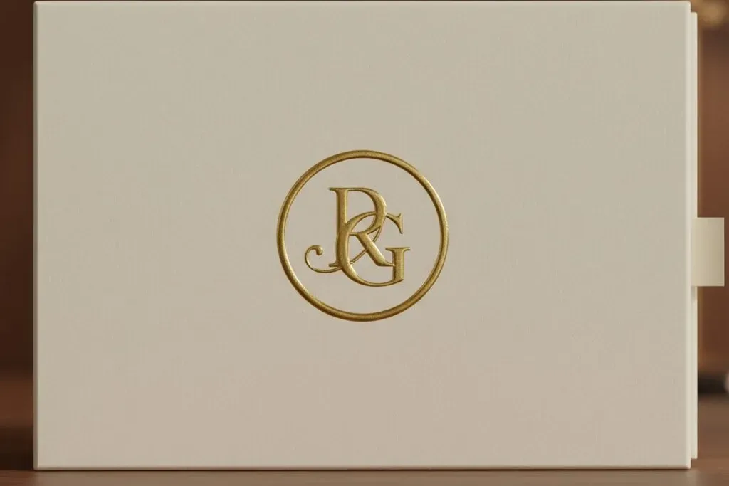 a close-up of a luxury cosmetic box with embossed logo