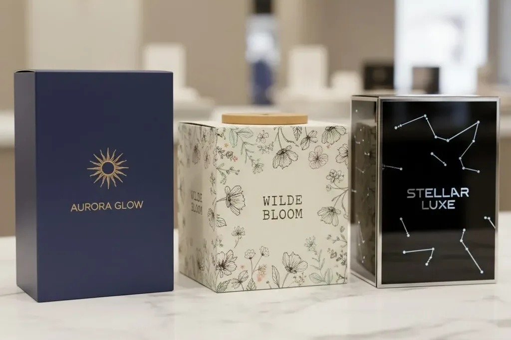 three different beauty brands lined up, showcasing unique branding and packaging styles