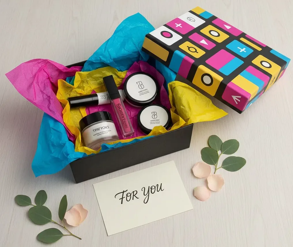 a flat lay of an open custom box with product nestled inside colorful tissue paper