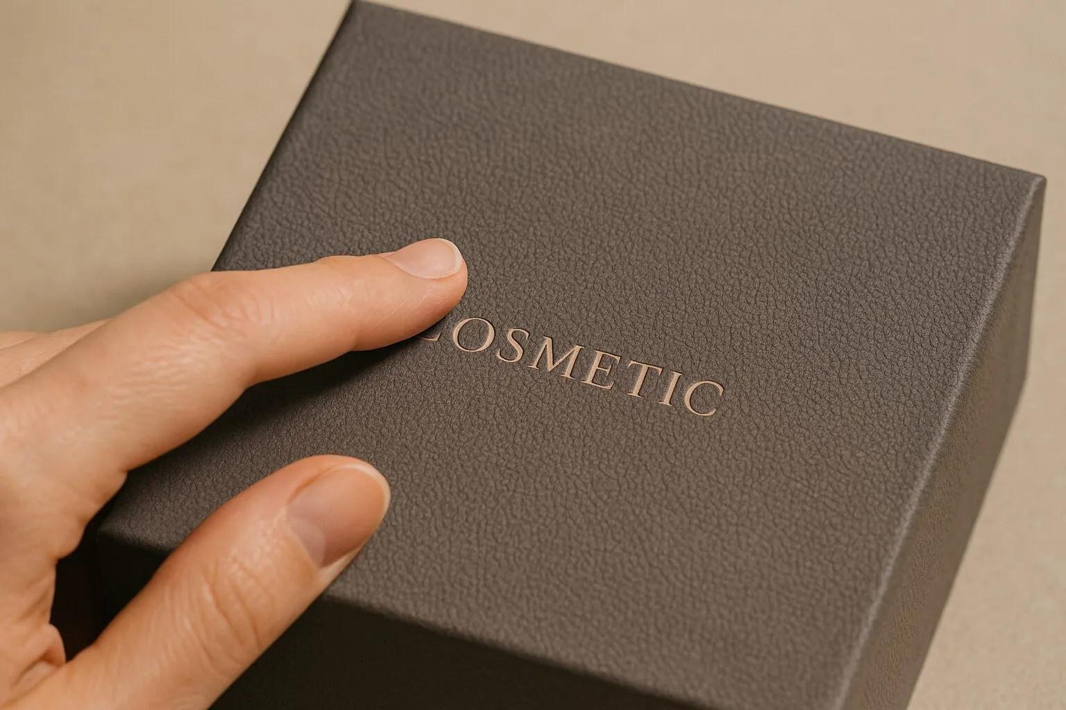 A close-up of a consumer's hand touching a high-quality, textured cosmetic box.
