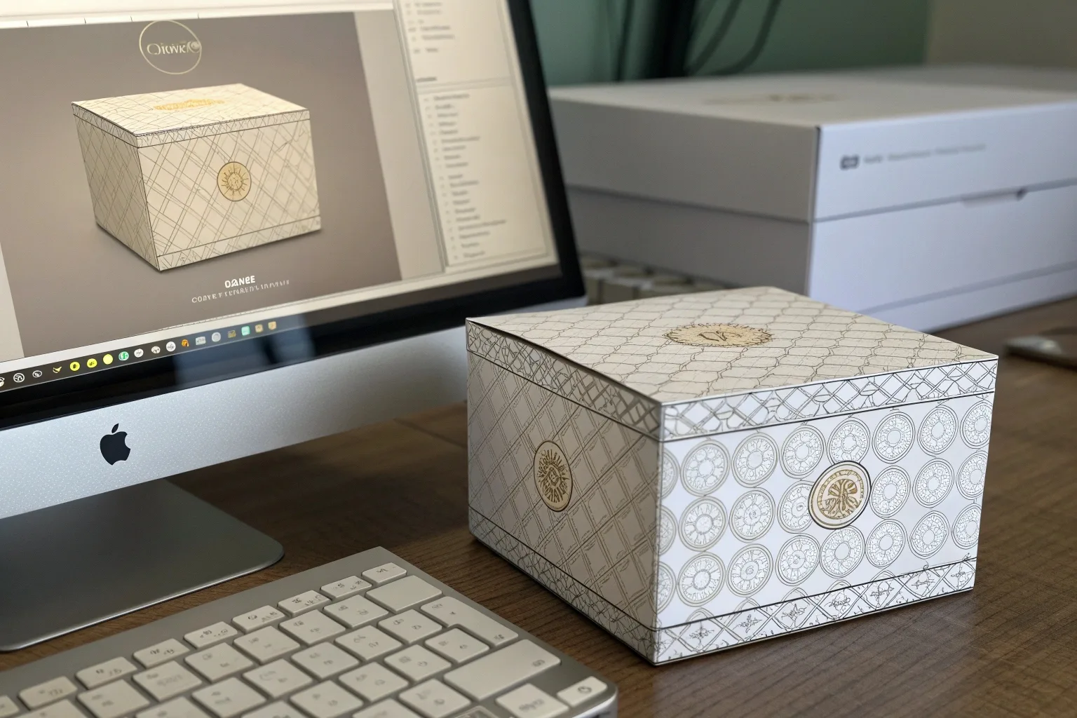 3D mock-up of a beauty product box next to a physical prototype