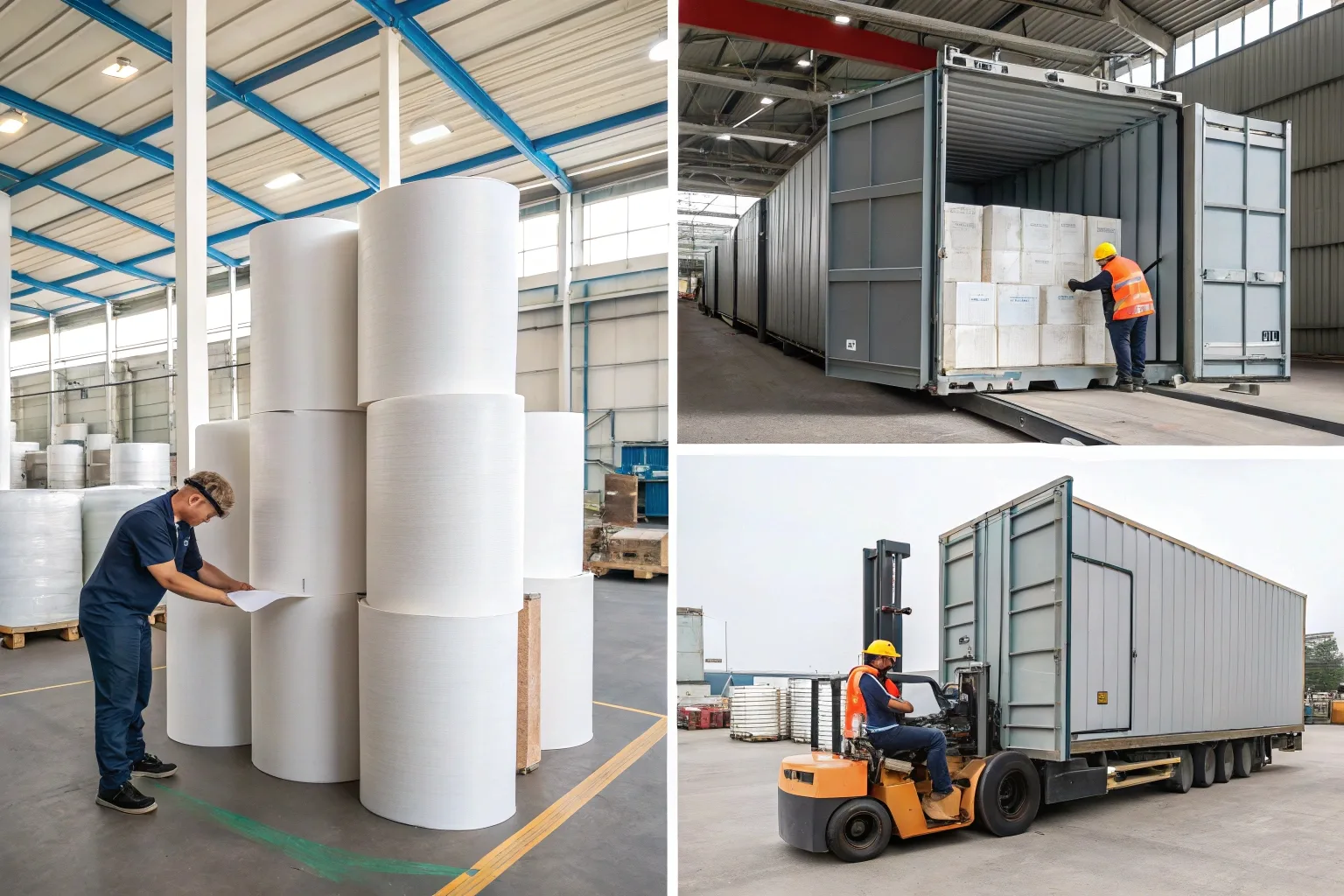 A collage showing rolls of paper, a shipping container, and factory workers.
