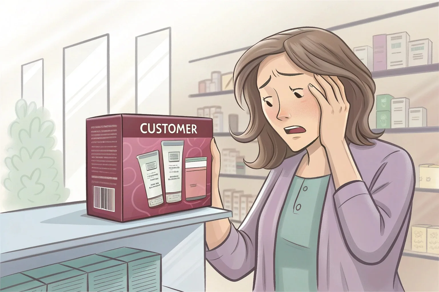 A customer squinting at a cosmetic box, looking confused by the text.