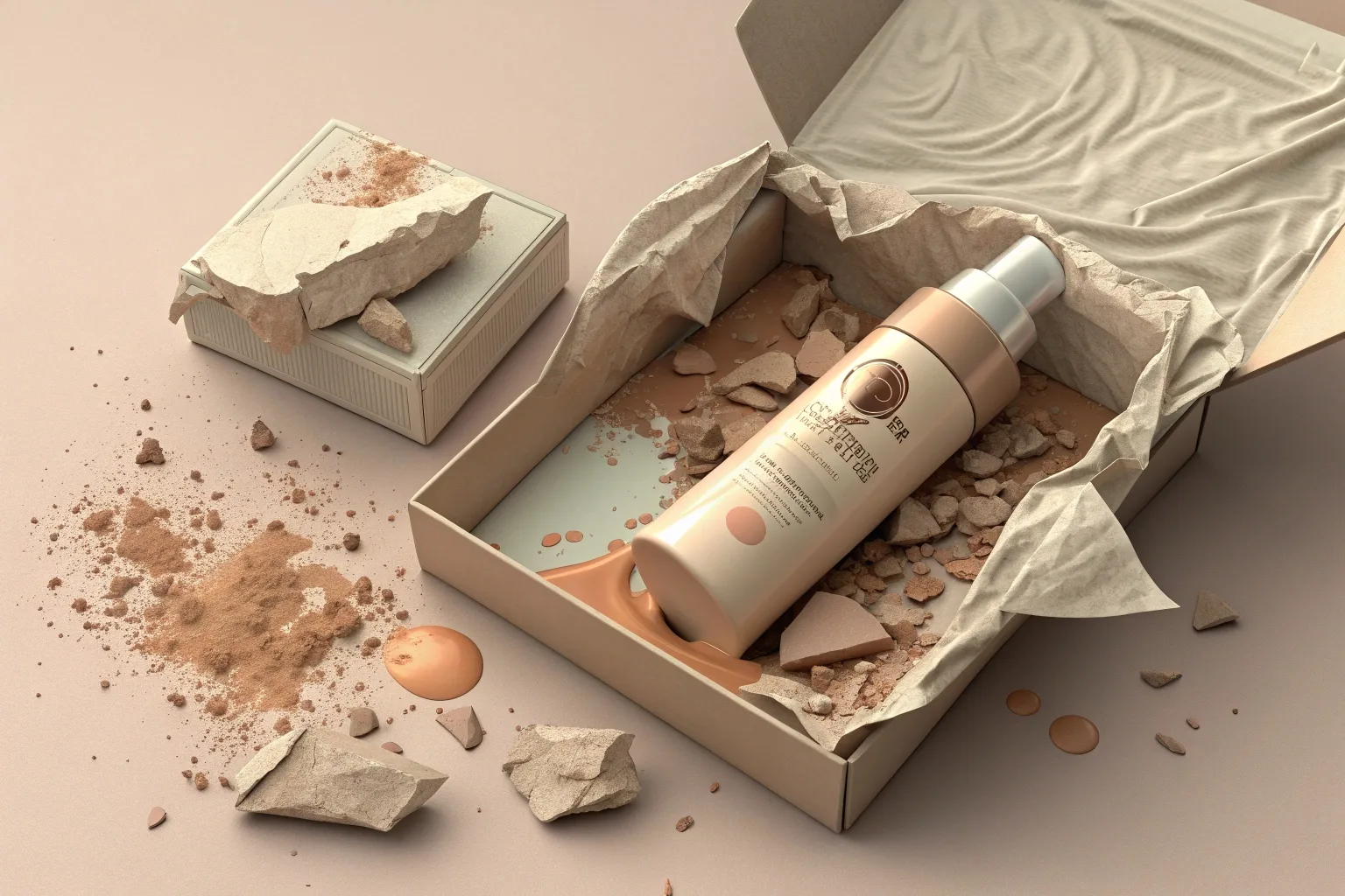 A damaged cosmetic product with its contents leaked inside a crushed box.