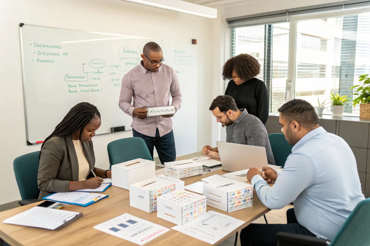 A diverse team of professionals in a meeting room, looking at packaging mock-ups.
