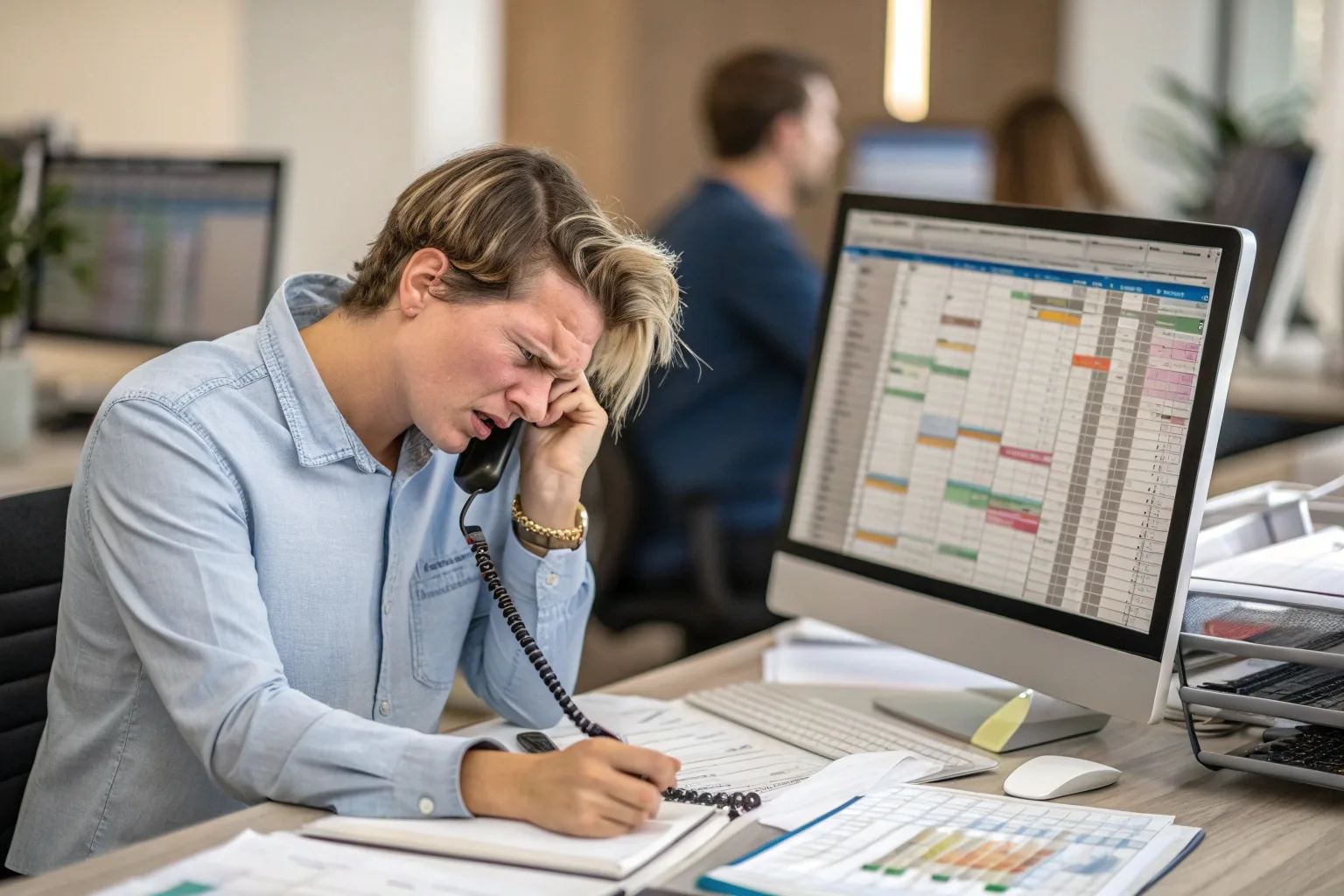 A frustrated employee on the phone, looking at a complicated spreadsheet on their computer.