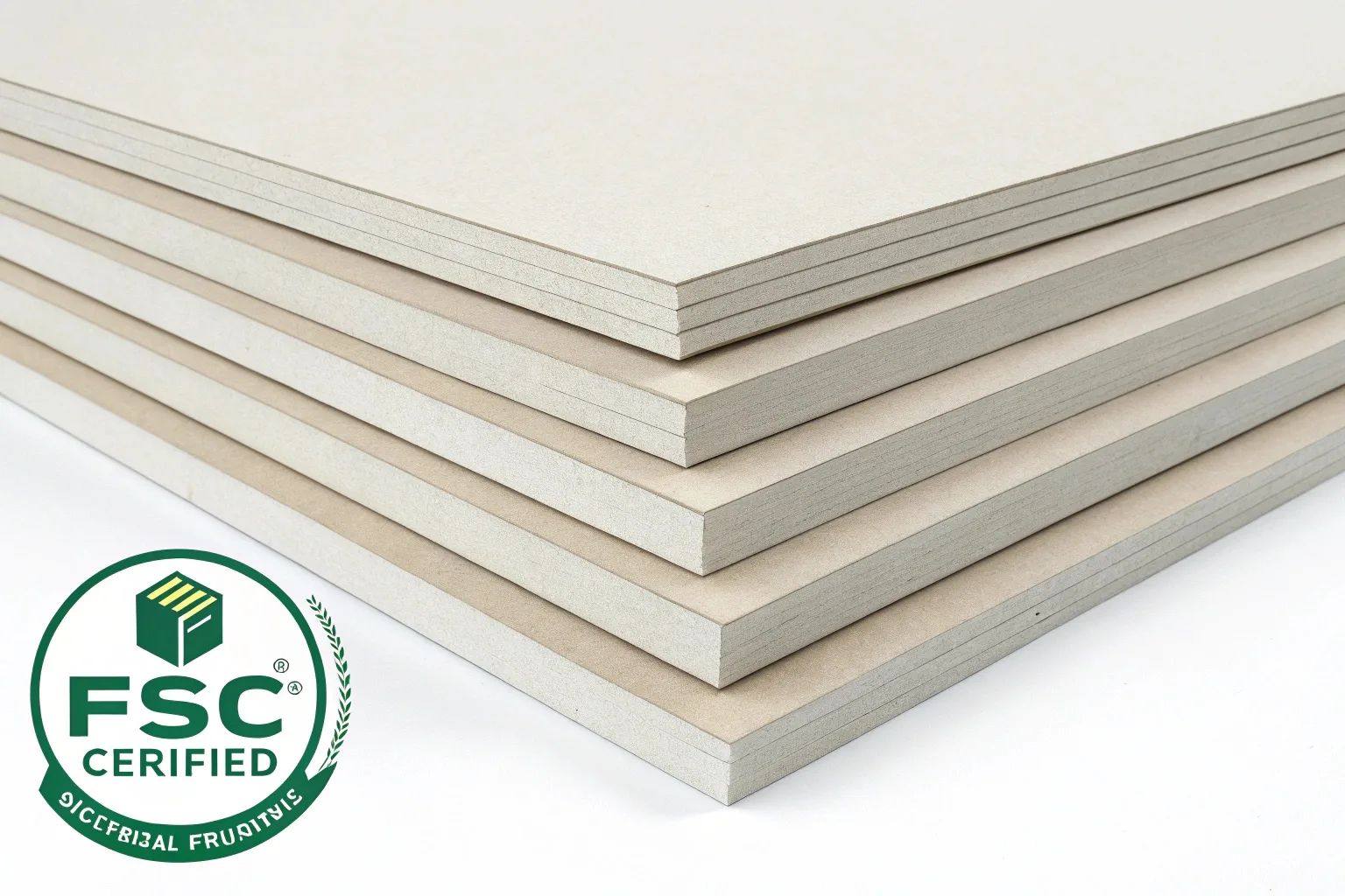 A stack of FSC-certified flat paperboard sheets ready for printing