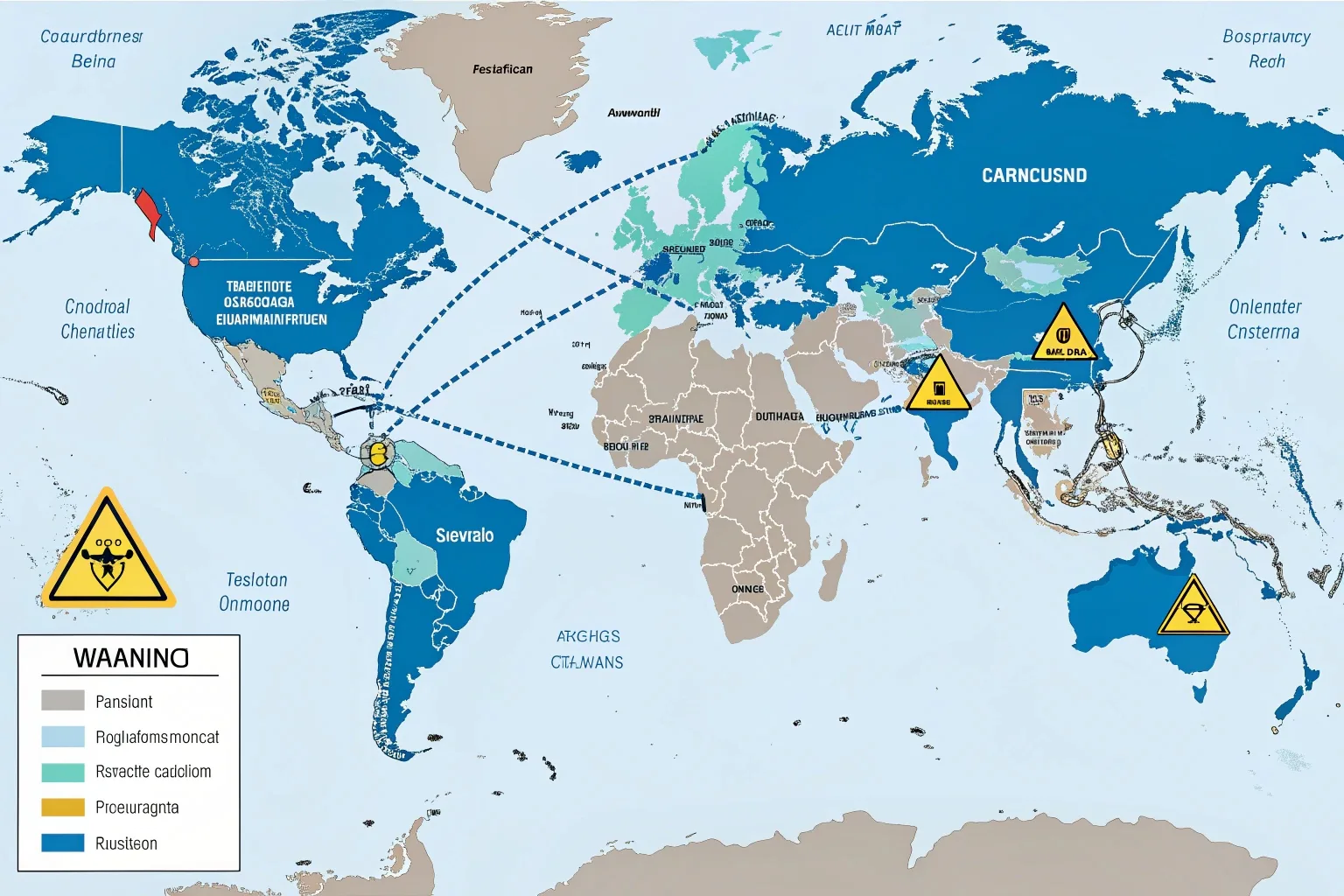 A world map with key trade routes highlighted and warning signs over certain regions to signify conflict.