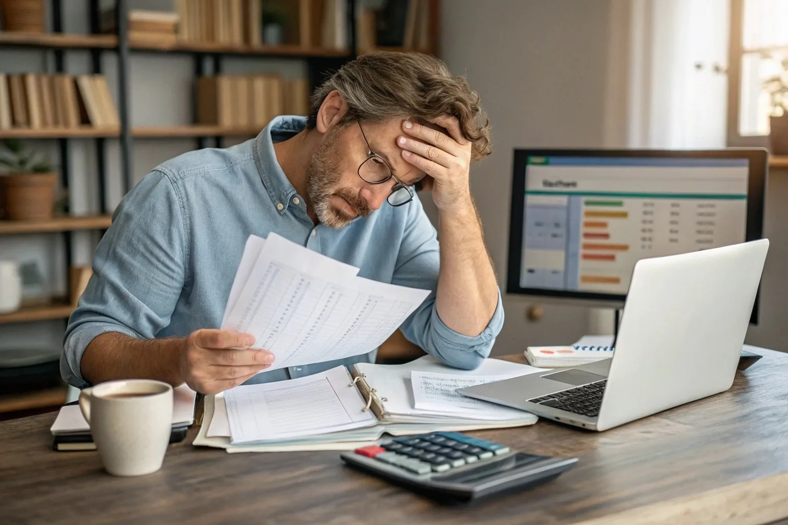 An accountant looking stressed while reviewing invoices and shipping receipts.